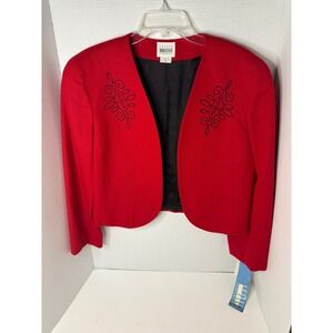 New Leslie Fay Sportswear Red Embroidered Cropped Jacket Blazer Women's Size 10